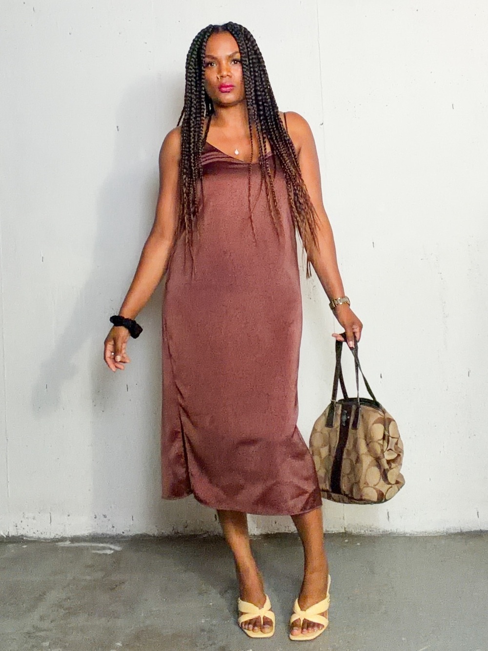 Reitmans Sleek Brown Satin Slip Dress - Picture 3 of 15